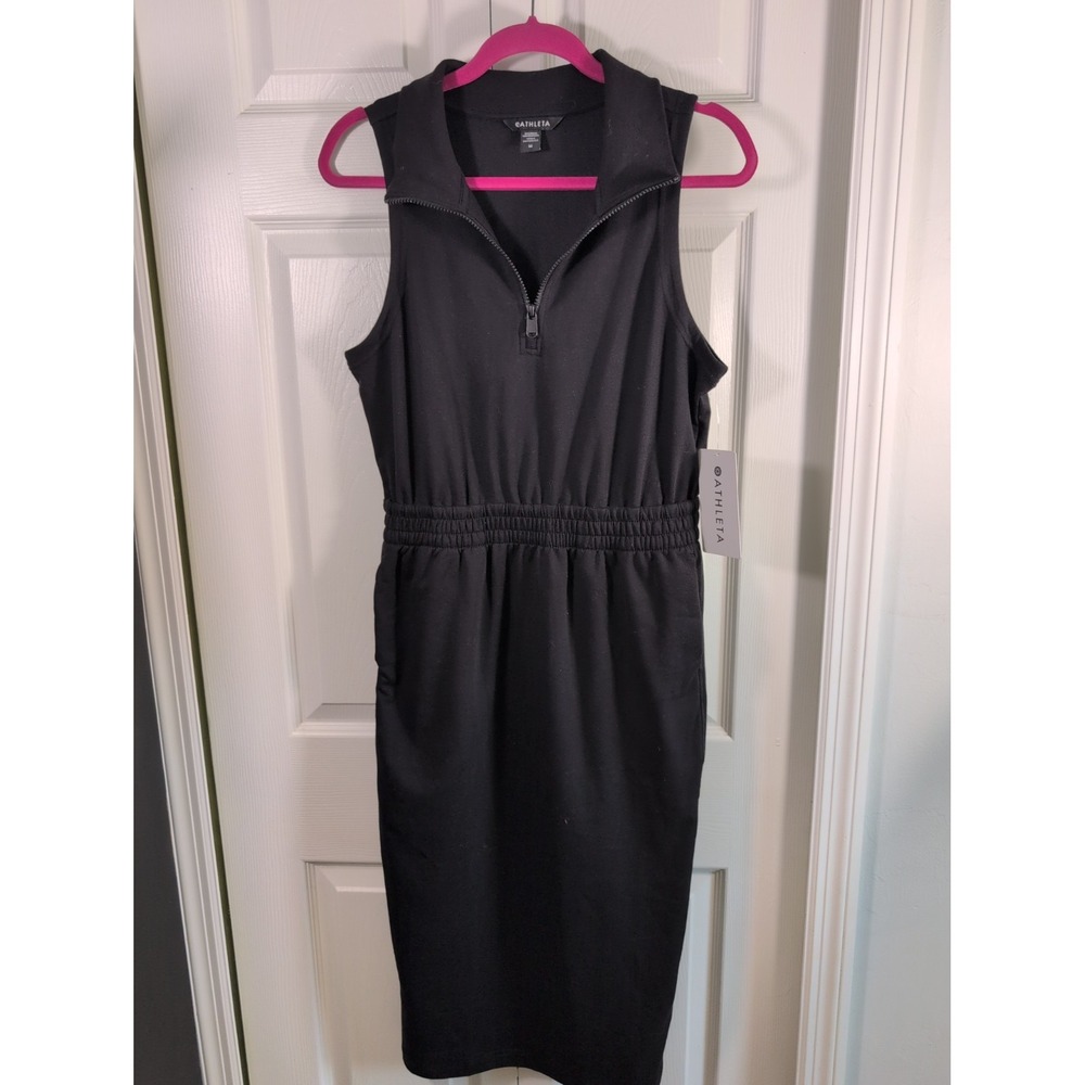 Athleta Retroterry Black 1/2 Zip Sleeveless Midi Dress Gathered Waist M New